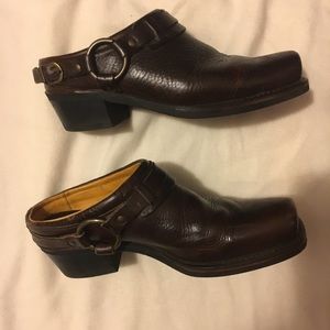 FRYE Brown Leather Belted Harness Mules Size 9.5.
